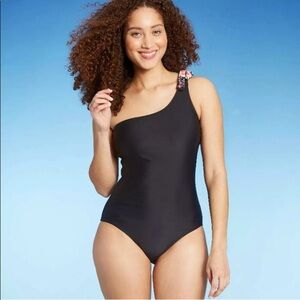 Kona‎ Sol Swimsuit One Piece Medium One Shoulder Tie Black With Floral Strap NWT
